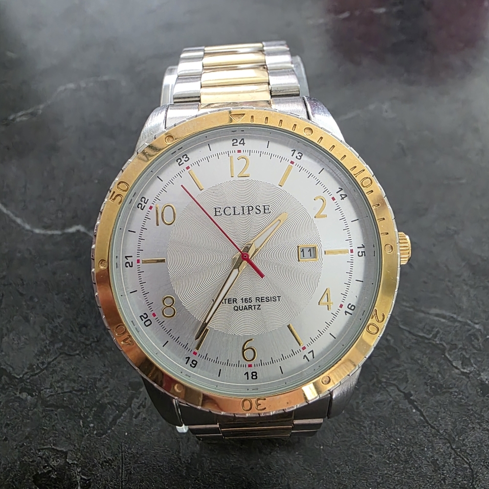 eclipse 2 tone mens watch quartz water resistant
